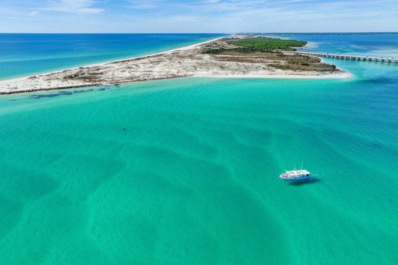Crab Island sandbar with emerald water
